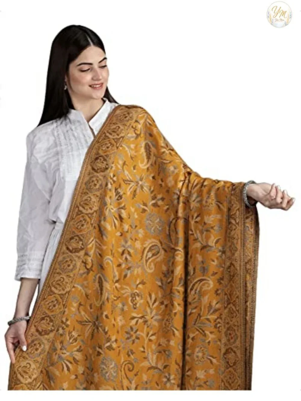 Reversible Jamawar Wool Shawl with Woven Flowers Ethnic Floral Wrap
